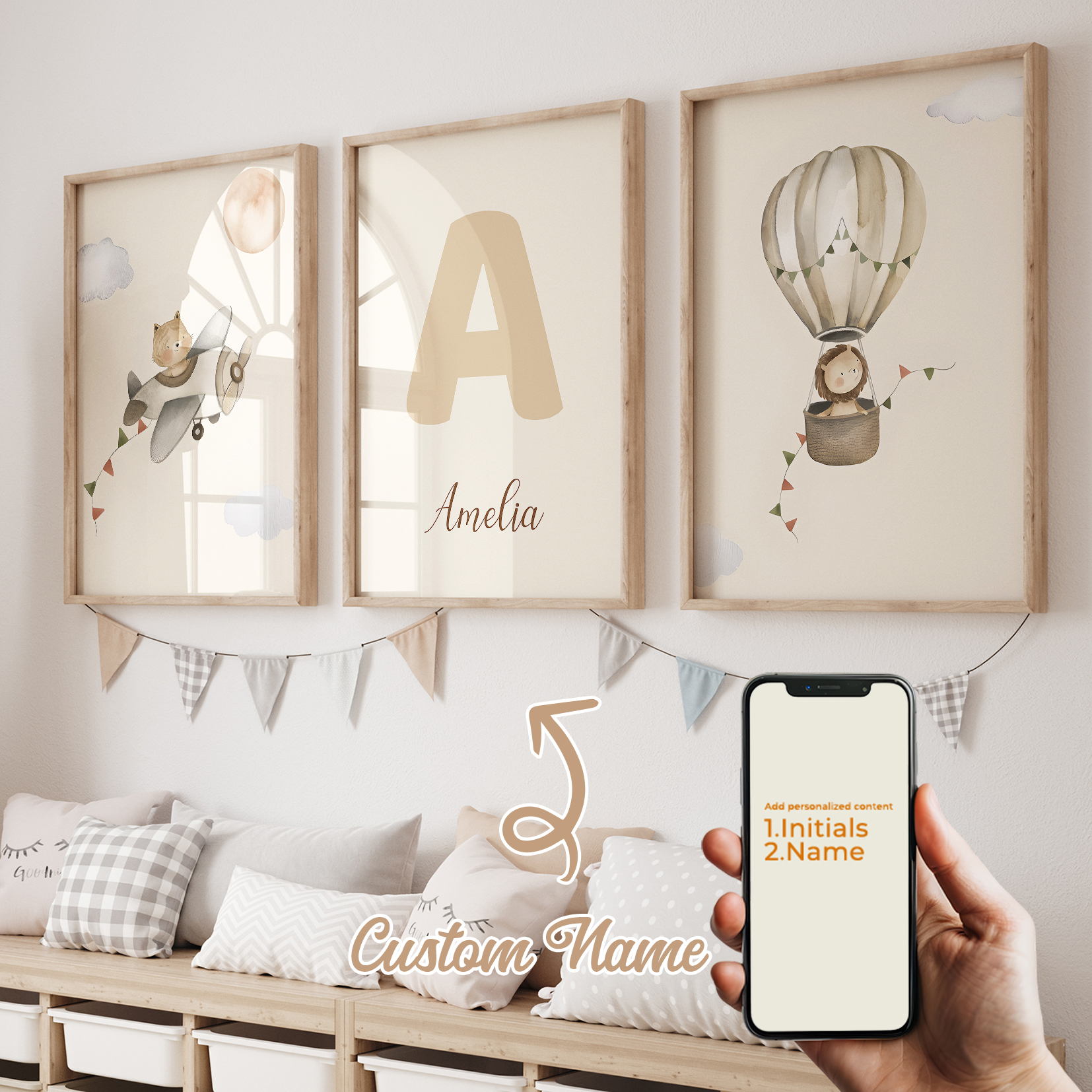 Baby Nursery Prints - 3pcs Personalized Custom Name Cartoon Child