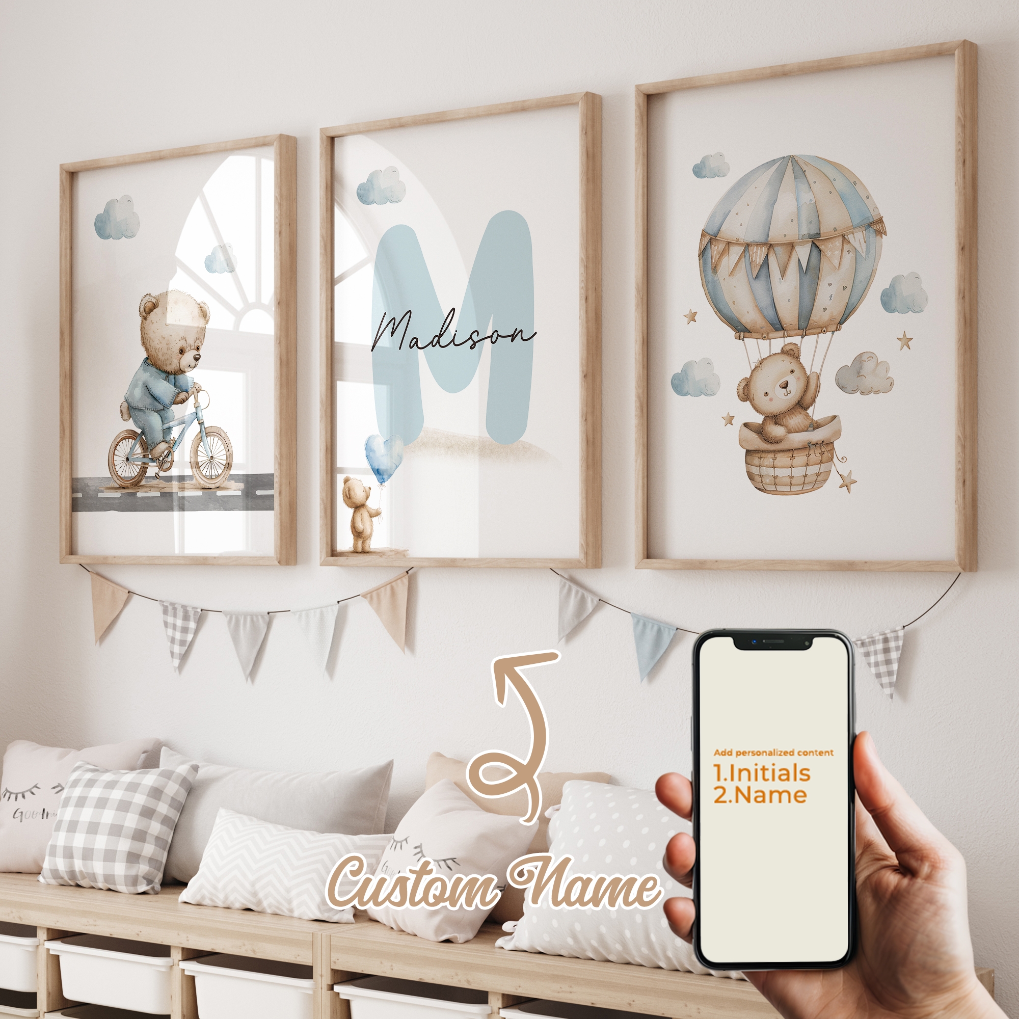 Baby Nursery Prints - 3pcs Personalized Name Blue Bear Wall