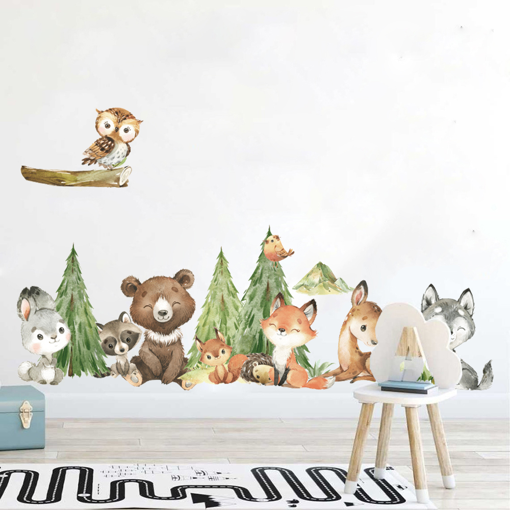 Baby Nursery Wall Decor - Cartoon Watercolor Forest Animal Wall Sticker