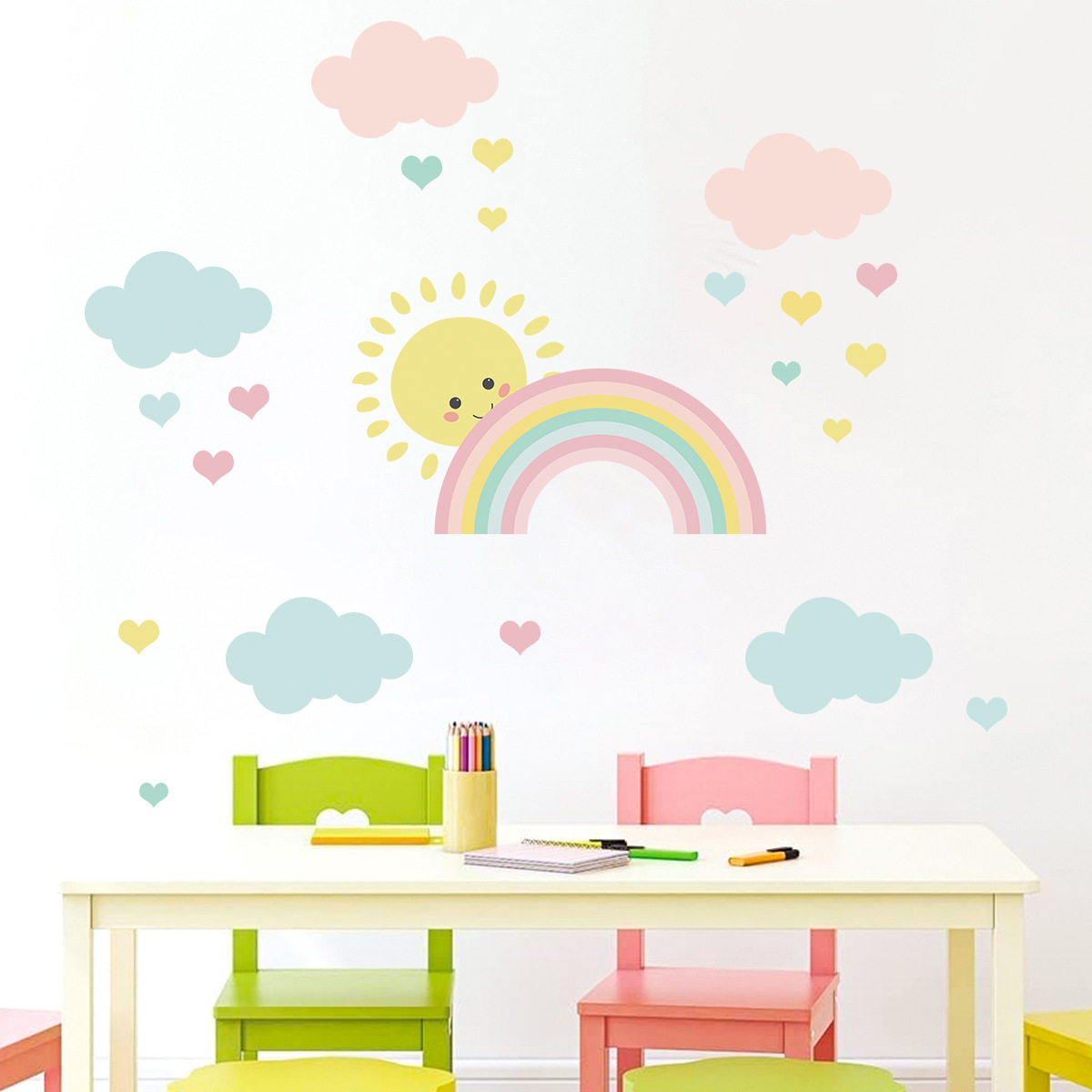 Baby Nursery Accessories - Cartoon Sun Rainbow Clouds Wall Decals