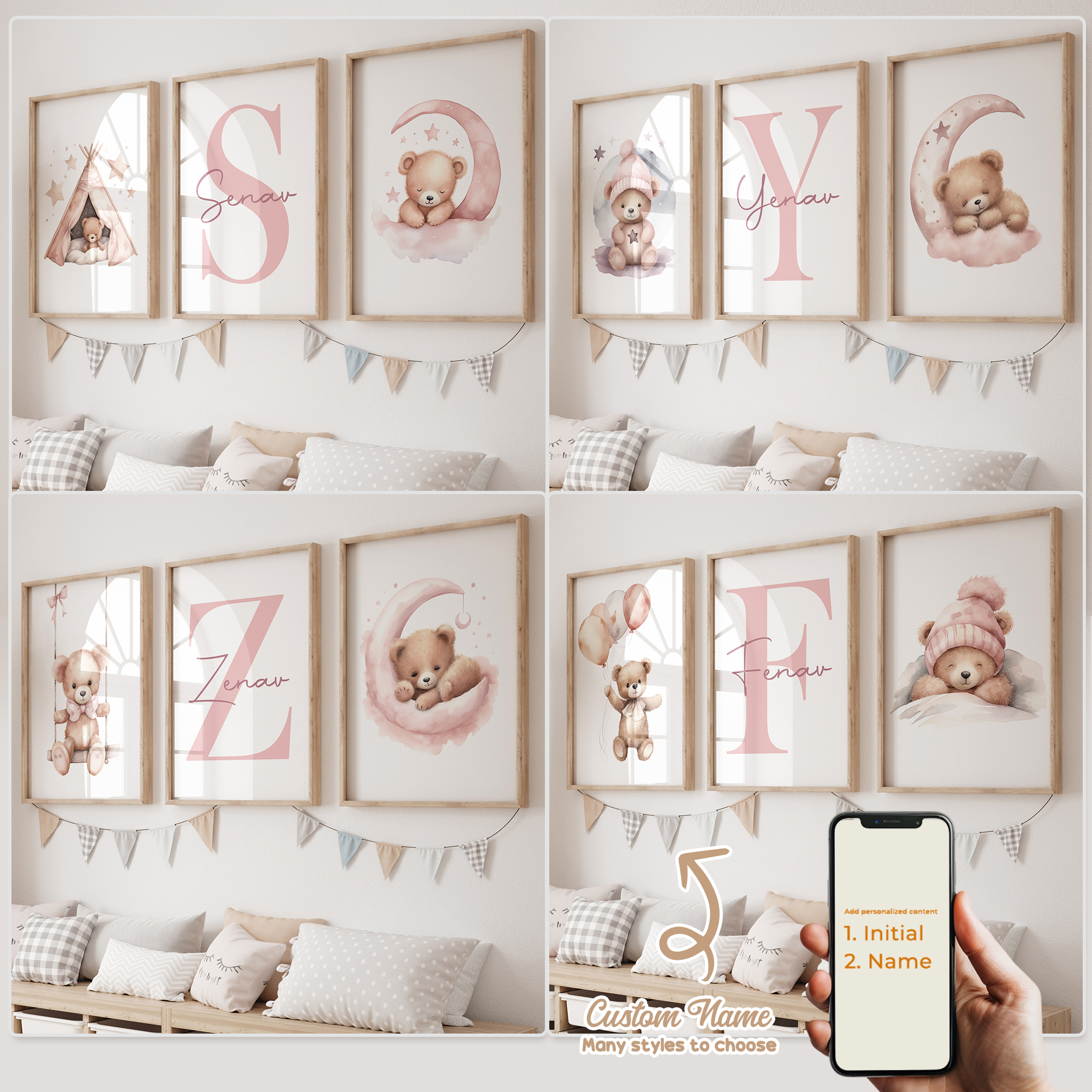 Baby Nursery Prints - 3pcs Personalized Custom Name Cartoon Pink