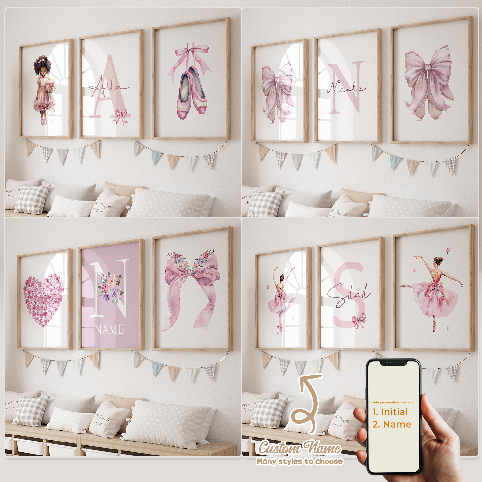 Baby Nursery Prints - 3pcs Personalized Custom Name Cartoon Child
