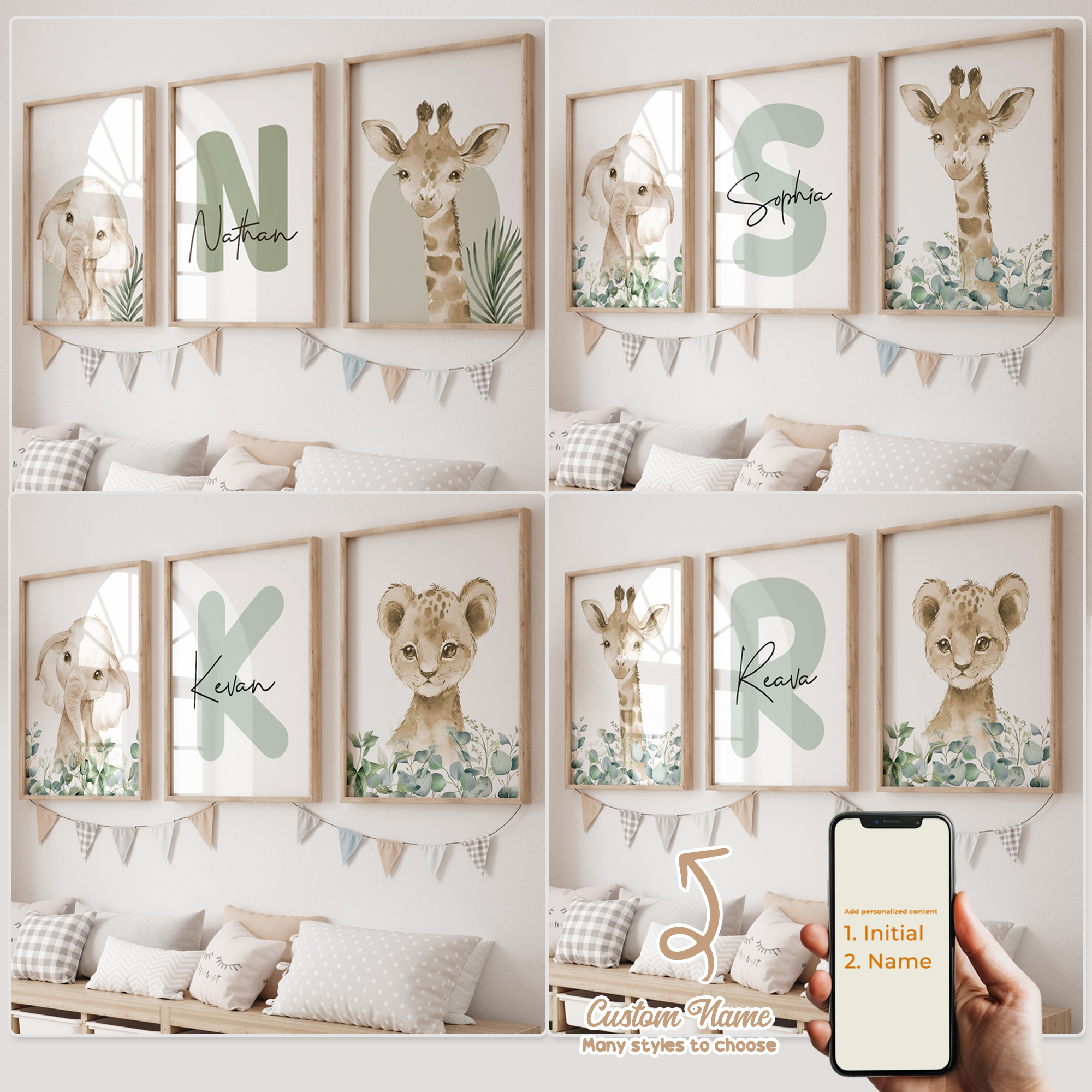 Baby Nursery Prints - 3pcs Personalized Custom Name Cartoon Forest