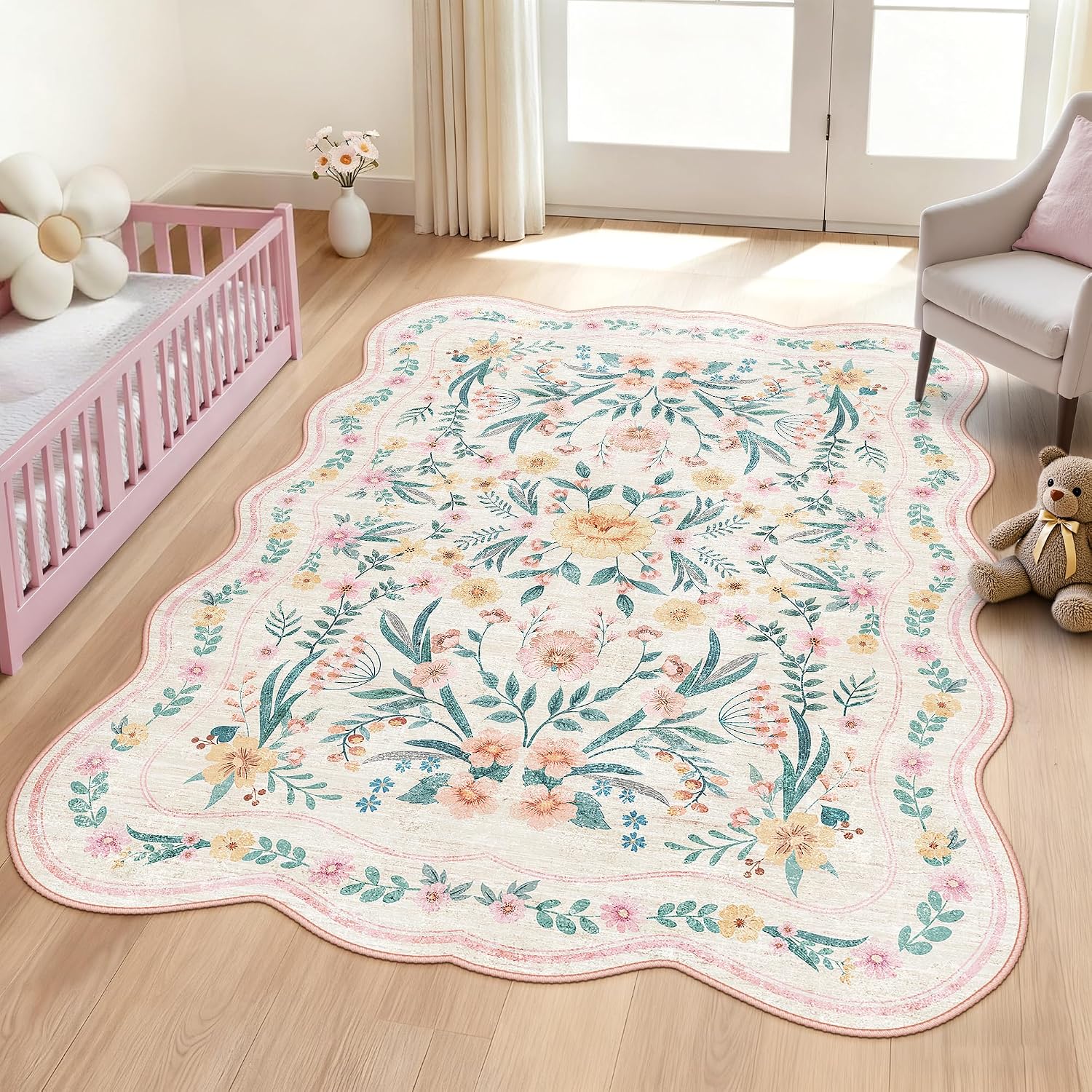 Soft Rug Nursery - Scalloped Pink Floral Rug 5x7, Washable