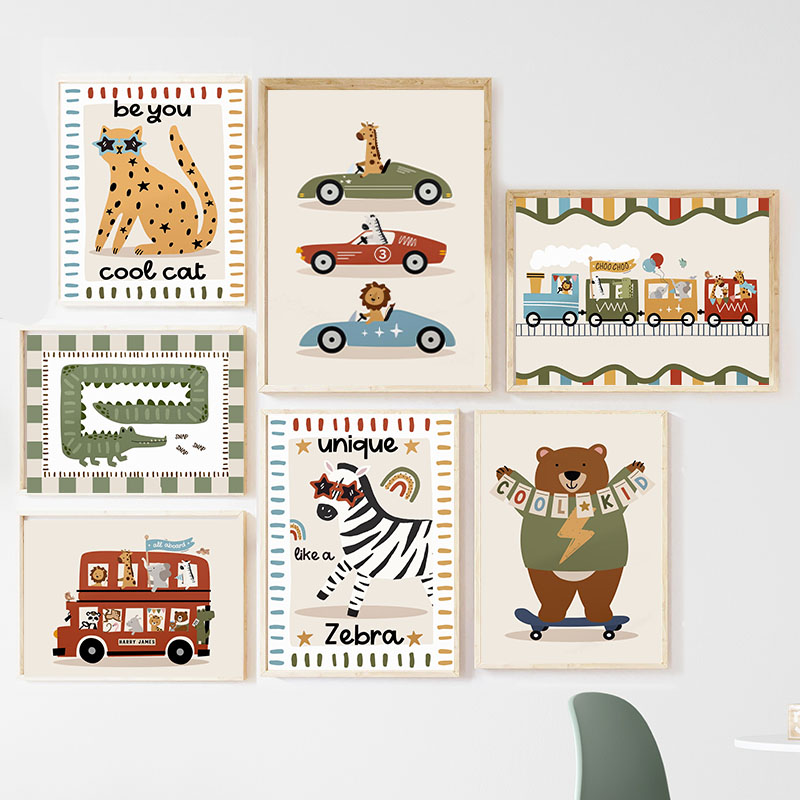 Funny Cartoon Animals Car Bus  - Baby Nursery Animal Prints avis et prix