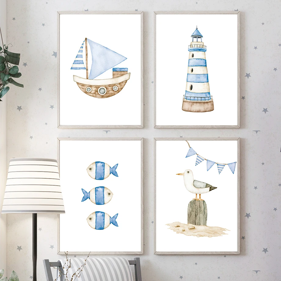 Sailboat Lighthouse Fish Nauti - Baby Nursery Prints avis et prix