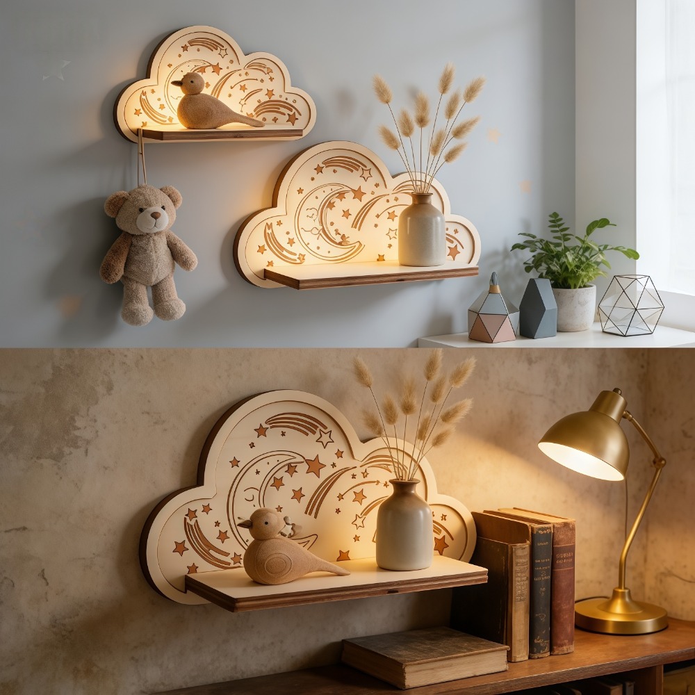 Wooden Cloud Wall Shelf Star M - Baby Nursery Floating Shelves avis et prix