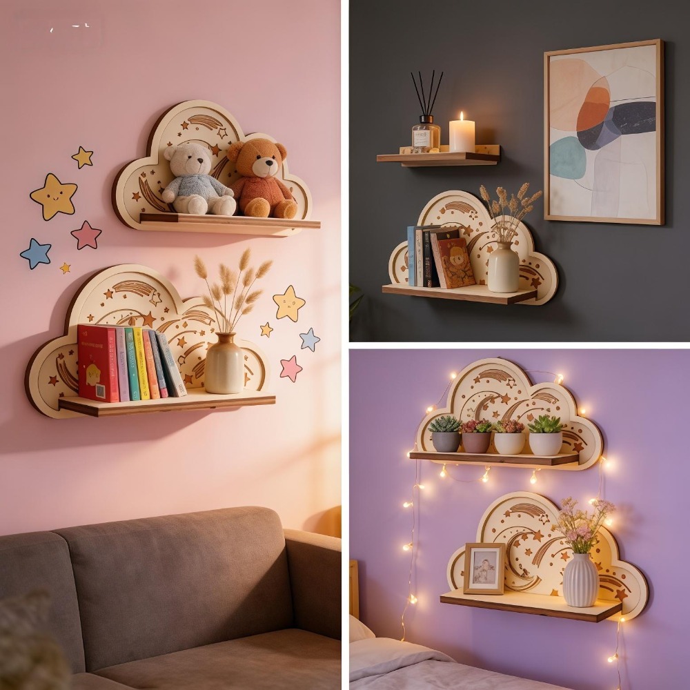 Wooden Cloud Wall Shelf Star M - Baby Nursery Floating Shelves avis et prix