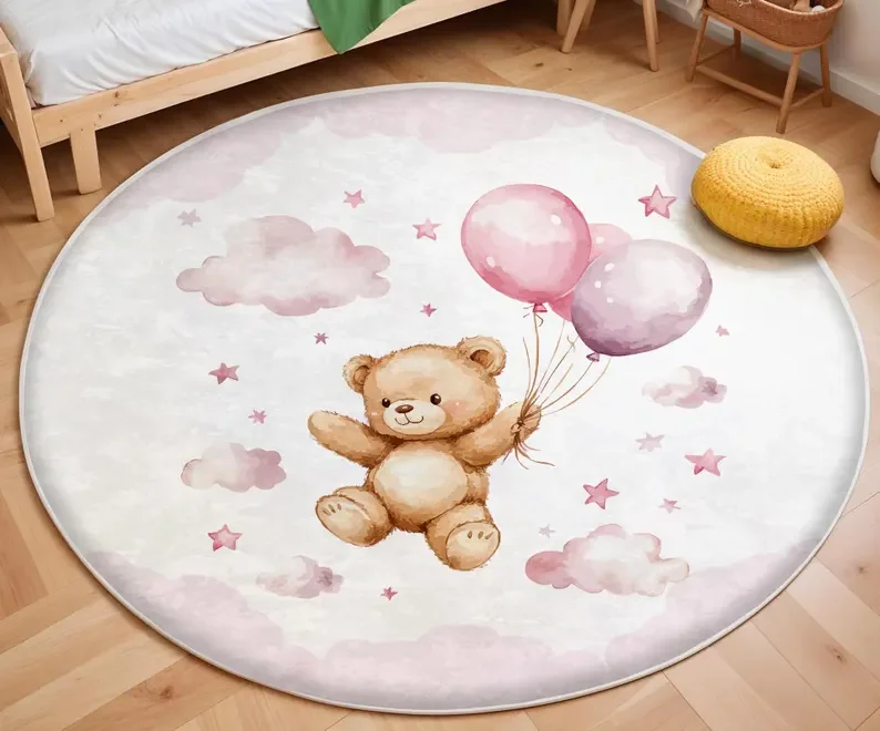 Pink Balloon Bear Cloud Round  - Soft Rug Nursery avis et prix