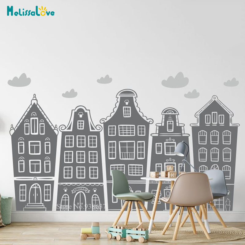 Scandinavian Houses & Clouds D - Baby Nursery Wall Decals avis et prix