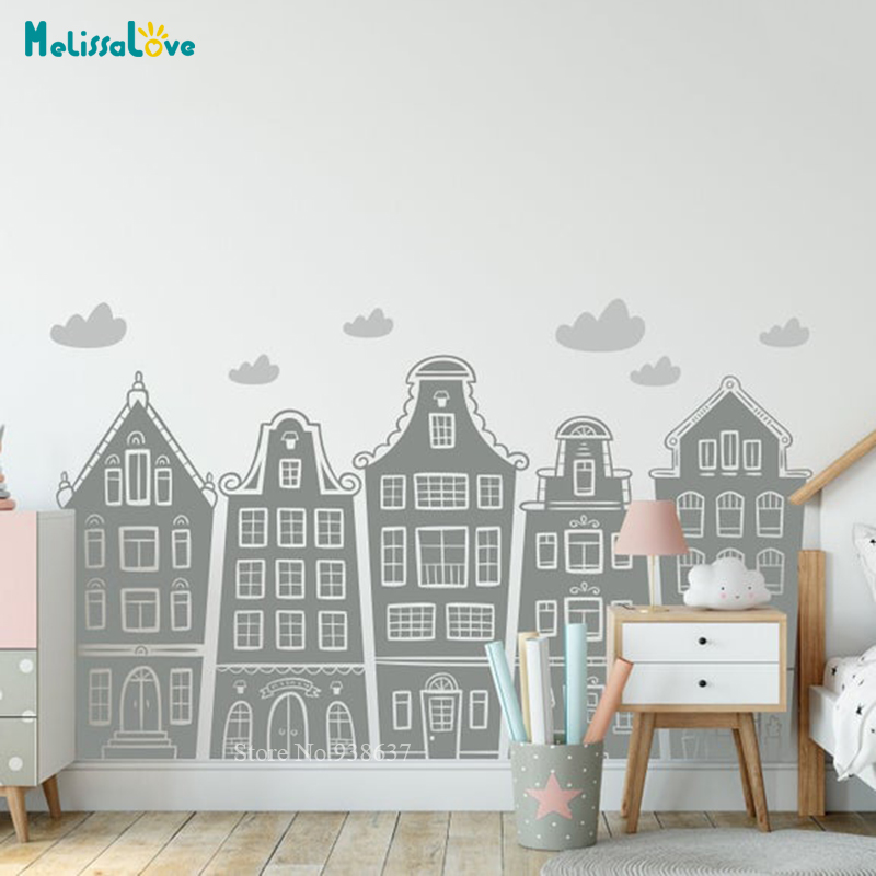 Scandinavian Houses & Clouds D - Baby Nursery Wall Decals avis et prix