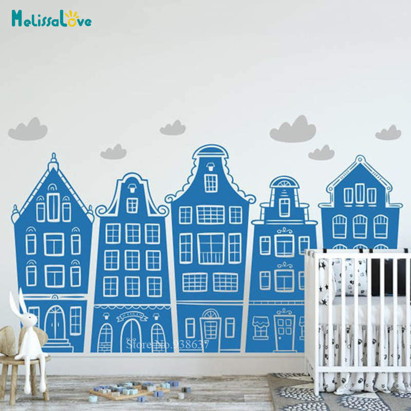Scandinavian Houses & Clouds D - Baby Nursery Wall Decals avis et prix
