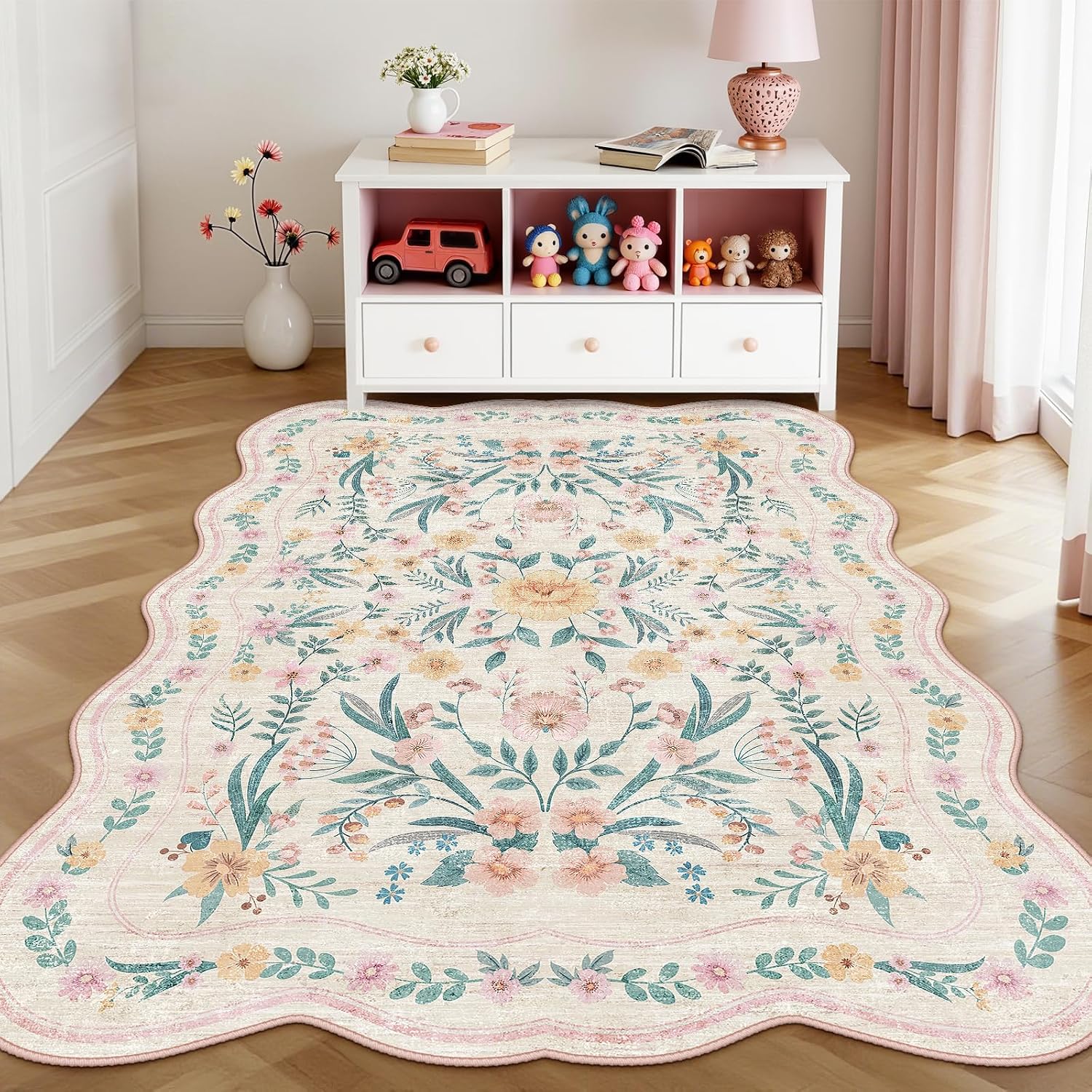 Scalloped Pink Floral Rug 5x7, - Soft Rug Nursery avis et prix