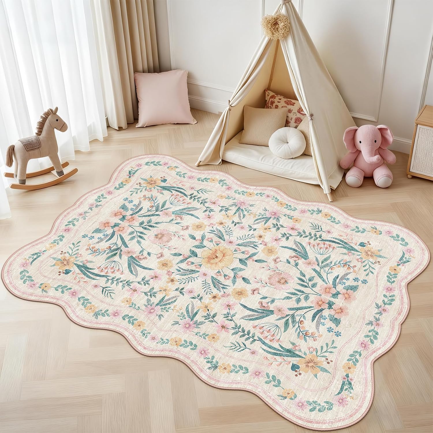 Scalloped Pink Floral Rug 5x7, - Soft Rug Nursery avis et prix