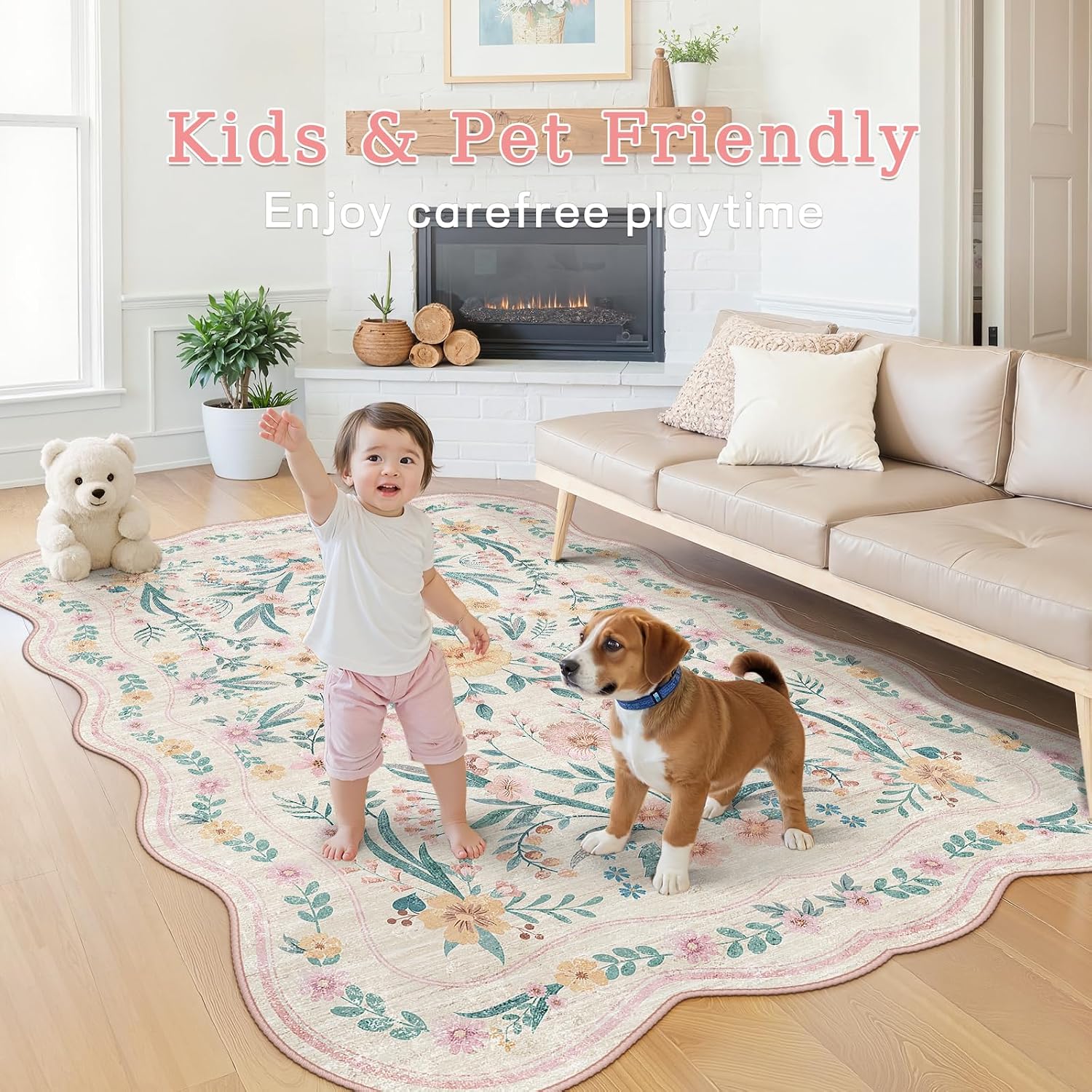 Scalloped Pink Floral Rug 5x7, - Soft Rug Nursery avis et prix
