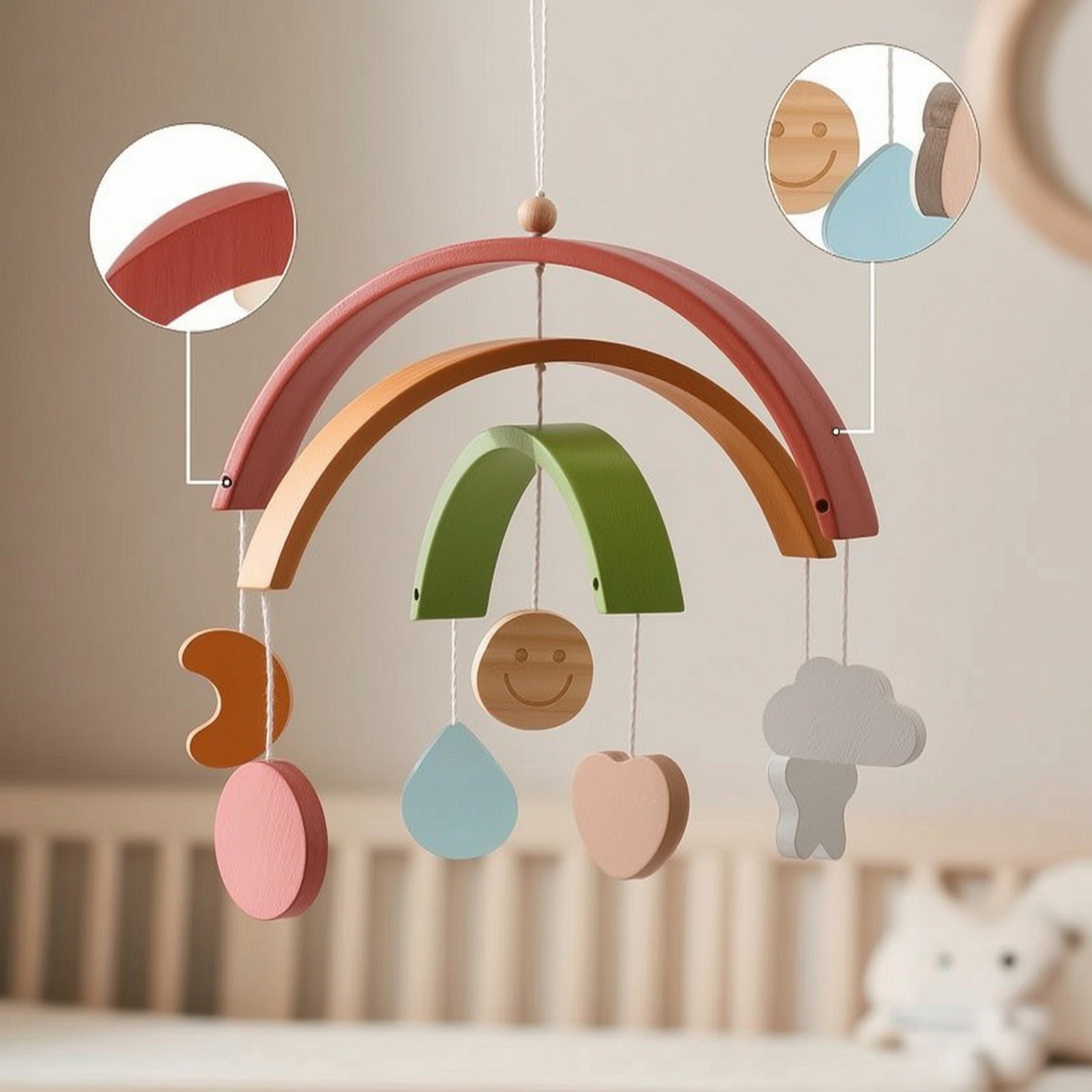 Wooden Mobile with Rainbow Nat - Baby Nursery Gender Neutral avis et prix
